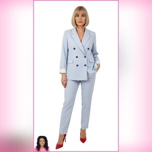 DKNY Pant Suit Double-Breasted Blazer Matching Pant Women's Light Blue Size 12